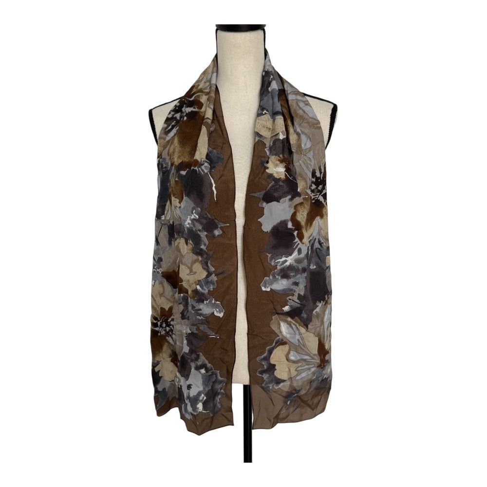 Cynthia Rowley Brown Beige Grey Black Floral Elegant Draped Silk Scarf Womens